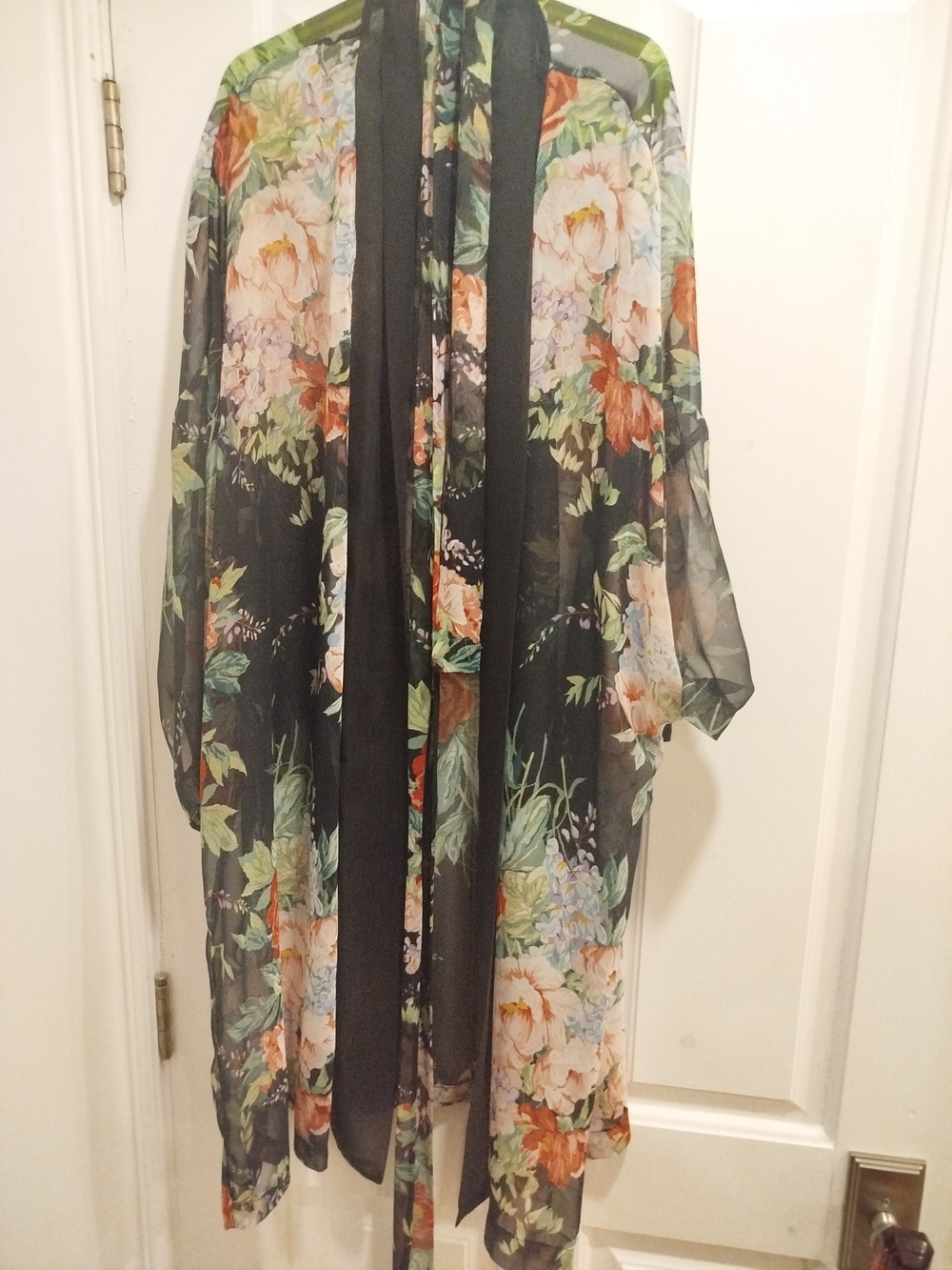 La SENZA Black Sheer Floral Kimono Tunic with Green and Peach Accents